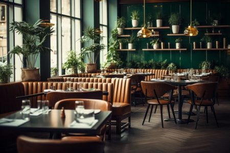 View of stylish empty cafe with arranged tables and chairs for visitors, selective focusの素材