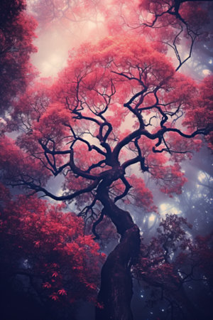 Looking up mystic forest. Blurred, mystical, natural background of trees. Bottom view, pink and purpleの素材