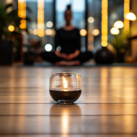 Woman sitting on the floor and meditating. Floor is fool of candles, enjoy meditation, do yoga exercise at home. Mental health, self care, No stress, healthy habit, mindfulness lifestyle, anxiety relief conceptの素材