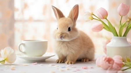 Adorable Easter Bunny Among Pastel Eggs and Spring Flowers.の素材