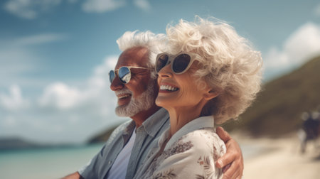 Senior couple relaxing by the sea on sunny day, travel conceptの素材