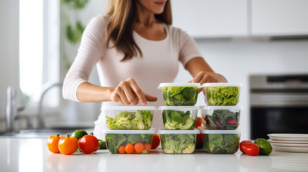 Woman holding plastic containers with fruits and vegetables. Raw vegetables for freezing for winter storage in trays.の素材