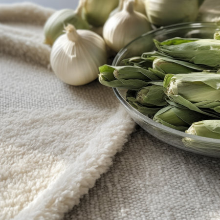 Seasonal vegetables and natural fabric tablecloth close upの素材