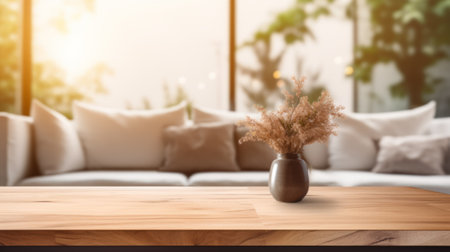 modern minimalistic living room with sofa and table in front of sofa against blurred backgroundの素材