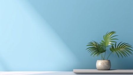 Modern interior mockup template. Light empty space with blue wall, white floor and green potted plant. Sun rays entering into empty room from the windowの素材