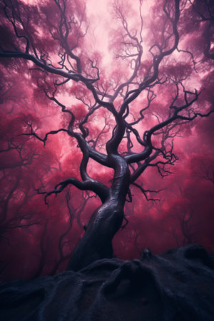 Looking up mystic forest. Blurred, mystical, natural background of trees. Bottom view, pink and purpleの素材