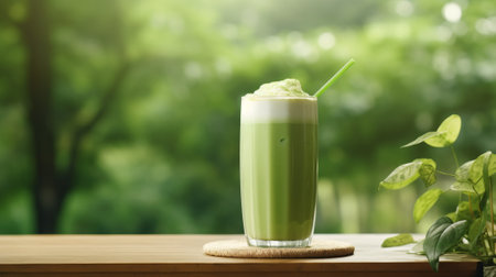 Cold matcha latte with ice in a tall glass, tropical landscape background copy spaceの素材
