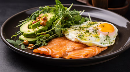 Plate with delicious and healthy morning breakfast. Poached egg, salmon slices, avocado and saladの素材