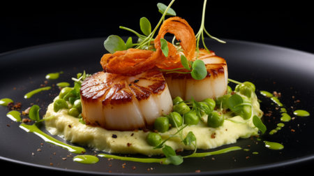 Delicious scallops with pea and mint puree, topped with crispy fried shallots and microgreens, fine dining conceptの素材