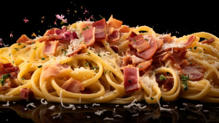 Pasta Carbonara with bacon and Parmesan on a plate with dark backgroundの素材