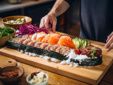 Closeup of chef hands preparing japanese food. Japanese chef making sushi at restaurant. Young chef making traditional japanese sushi on cuting board .の素材