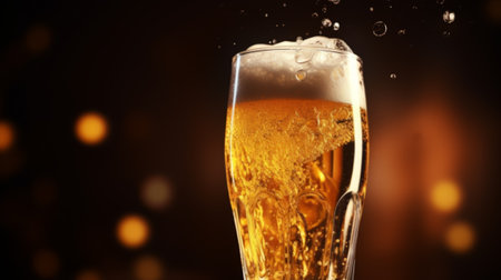 Glass of chilled beer on table and blurred bar background.の素材