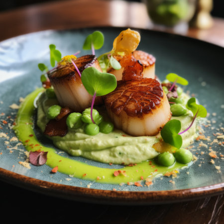 Delicious scallops with pea and mint puree, topped with crispy fried shallots and microgreens, fine dining conceptの素材