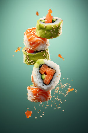 The concept of flying sushi. Rolls and sushi with salmon levitation on colorful backgroundの素材