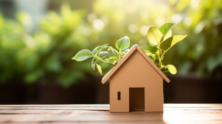 Paper cardboard house, eco house in green environment. Ecological friendly natural sustainability lifestyle conceptの素材