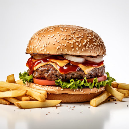 A tasty hamburger with fries, fast food, white background, isolated,の素材