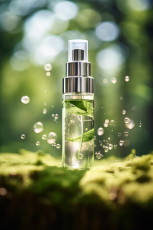 Advertisement studio image with cosmetics packaging container for skincare, fragrance or toiletry industries on gradient background with splash of product and waterの素材