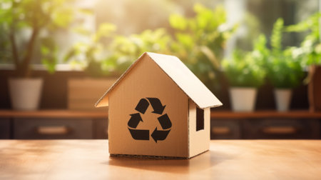 Paper cardboard house, eco house in green environment. Ecological friendly natural sustainability lifestyle conceptの素材