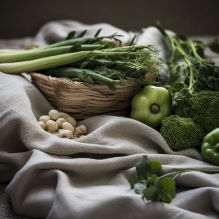 Seasonal vegetables and natural fabric tablecloth close upの素材