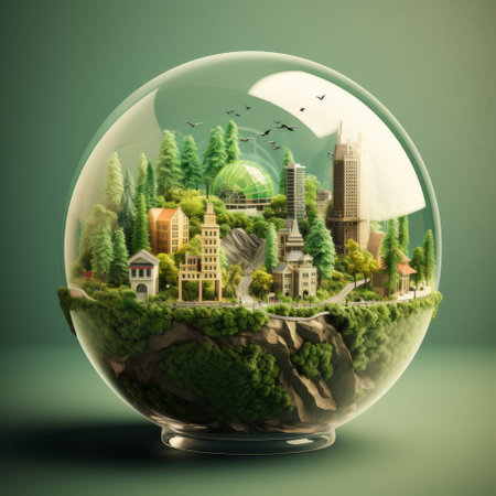 Glass globe with a miniature town, ecosystem inside, highlighting the fusion of nature and renewable energyの素材