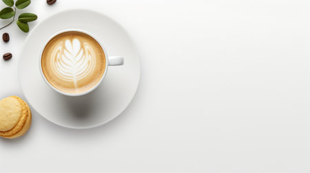 Macaroons cakes and cup of coffee creative layout on colorful background. Valentine day concept. Banner copy spaceの素材