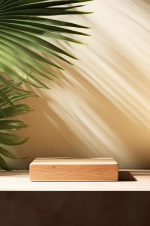 Pedestal for exhibition and tropical plant leaves shadows on wallの素材