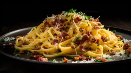 Pasta Carbonara with bacon and Parmesan on a plate with dark backgroundの素材