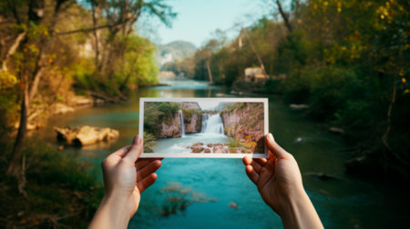 Close up hands unrecognizable traveler tourist  holding postcard photo image picture photography vacation memoriesの素材