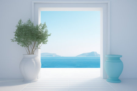House with white Mediterranean walls with the sea in the backgroundの素材