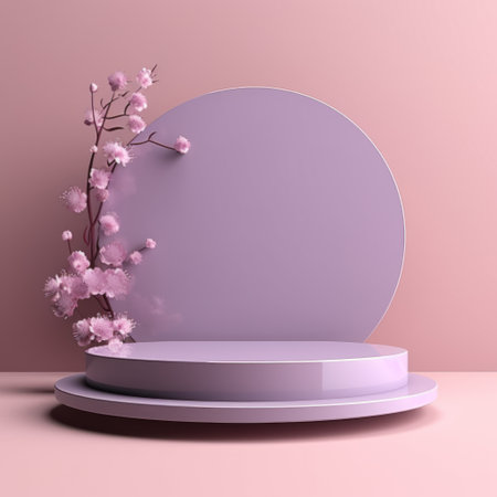 Fresh lush pink sakura flowers on branch with cylinder podium mockup in soft light white interior on table in floral spring style for presentation cosmetic products, goods, branding, copy space.の素材