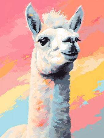 A portrait of a stylish lama. Vibrant, bright, colorful animal portrait poster.の素材