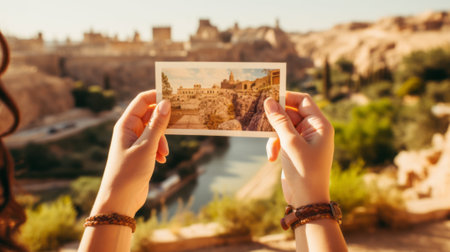 Close up hands unrecognizable traveler tourist  holding postcard photo image picture photography vacation memoriesの素材