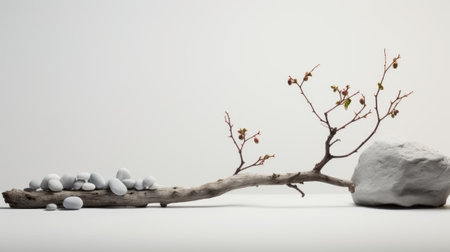 Natural background podium for cosmetic products created from wood, bark and stones on grey background. Creative modern still lifeの素材