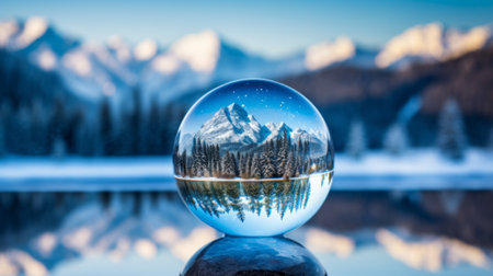 Winter landscape in a glass bowl with mountains in the backgroundの素材