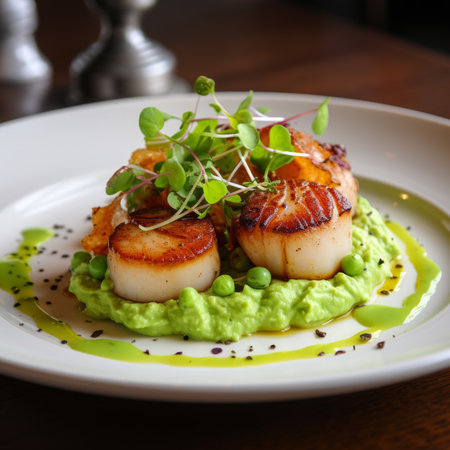 Delicious scallops with pea and mint puree, topped with crispy fried shallots and microgreens, fine dining conceptの素材