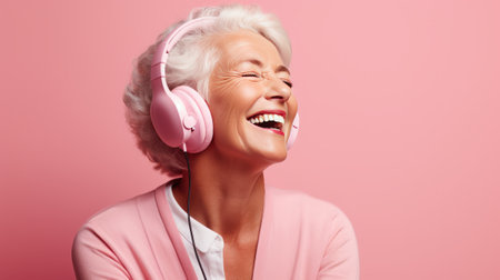 senior woman wearing headphones and dancing on pink backgroundの素材
