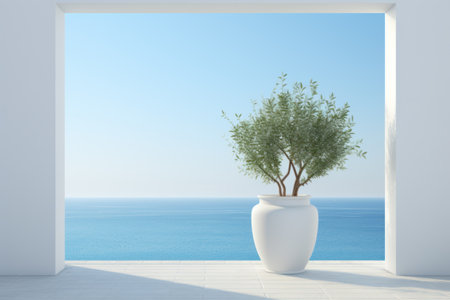 House with white Mediterranean walls with the sea in the backgroundの素材