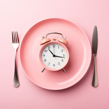Empty plate with alarm clock on pink background, intermittent fasting concept.の素材