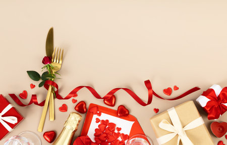 Beautiful romantic table setting top viewの写真素材