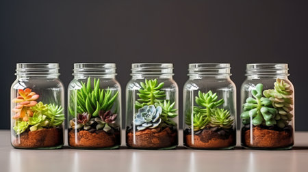 Succulent plants in jars lined up side by side. Organic plants. Selective focus on plants.の素材