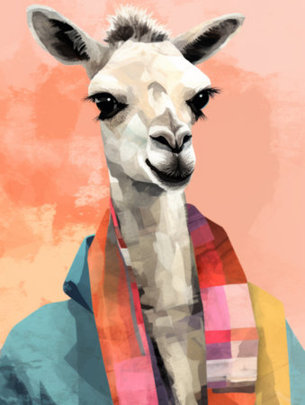 Cool looking alpaca wearing funky fashion dressの素材