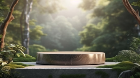 Minimal scene of empty podium display for showcase product, forest as backgroundの素材