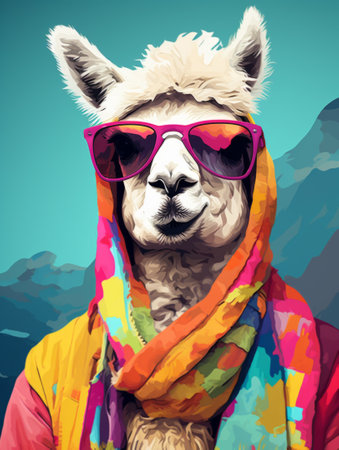 Cool looking alpaca wearing funky fashion dressの素材