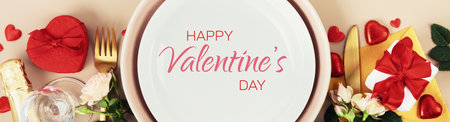 Beautiful romantic table setting top view banner greeting cardの写真素材