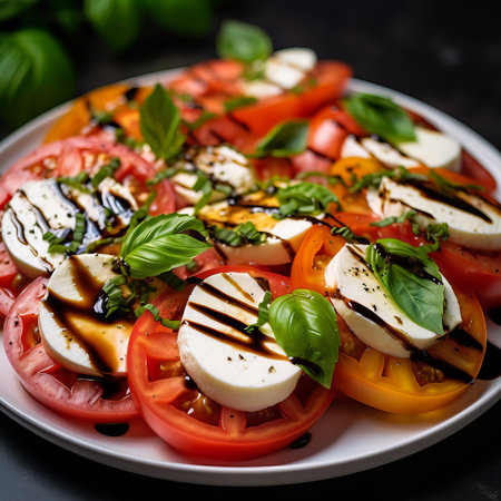 Italian caprese salad with sliced tomatoes, mozzarella cheese, basil, olive oil. Close upの素材