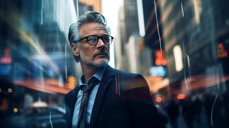 Mature businessman walking in street of big city, glass reflections of city lightsの素材