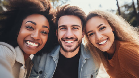 Multicultural group of friends taking selfie picture outside - Happy young people smiling at camera togetherの素材