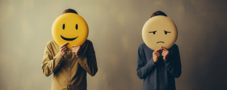 Businessmen With yellow smiling emoji or smiley instead  heads. Impact of social media, rules of running business, working culture, successful meeting concept.の素材