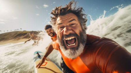 handsome guy traveler surfer in touristic clothing enjoying ocean sea wavesの素材