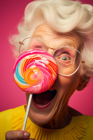 stylish grandmother with big tasty lollipopの素材